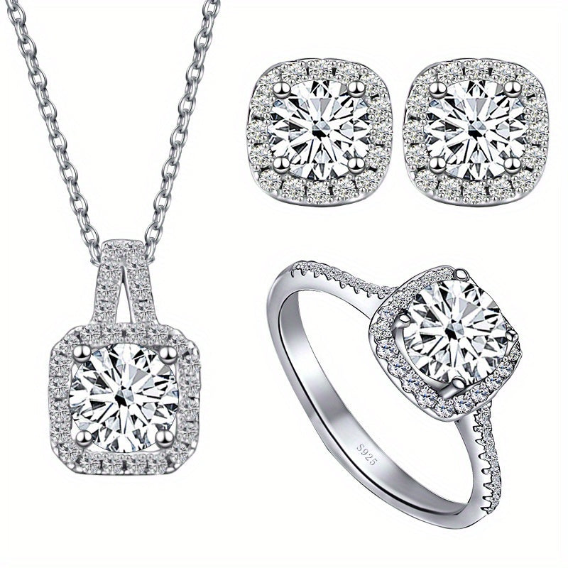 Conjunto de joias Moissanite Brincos Colar Plus Anel Cada incrustado 1ct Moissanite 925