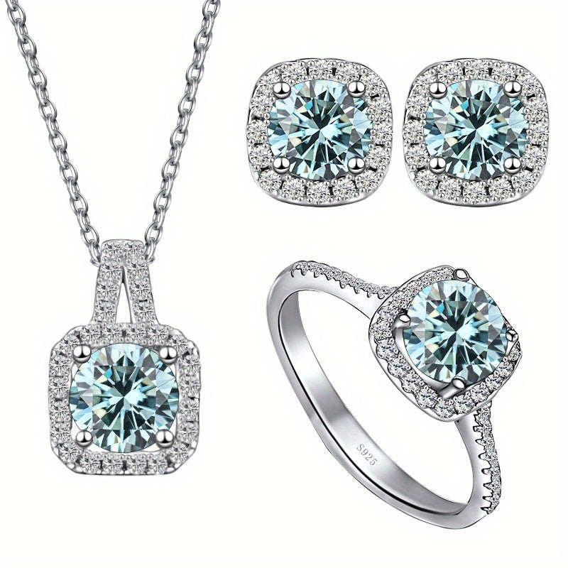 Conjunto de joias Moissanite Brincos Colar Plus Anel Cada incrustado 1ct Moissanite 925