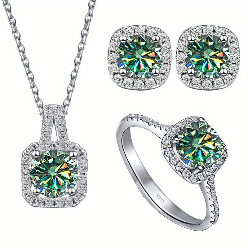 Conjunto de joias Moissanite Brincos Colar Plus Anel Cada incrustado 1ct Moissanite 925