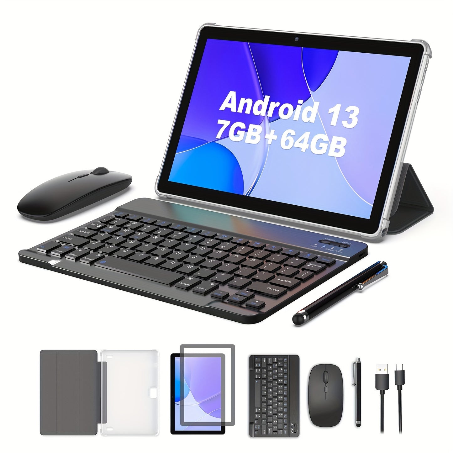 Tablet de 10 polegadas Android 13 com teclado, mouse e capa - 7 GB para RAM, 64 GB de armazenamento, Wi-Fi de banda dupla 5G