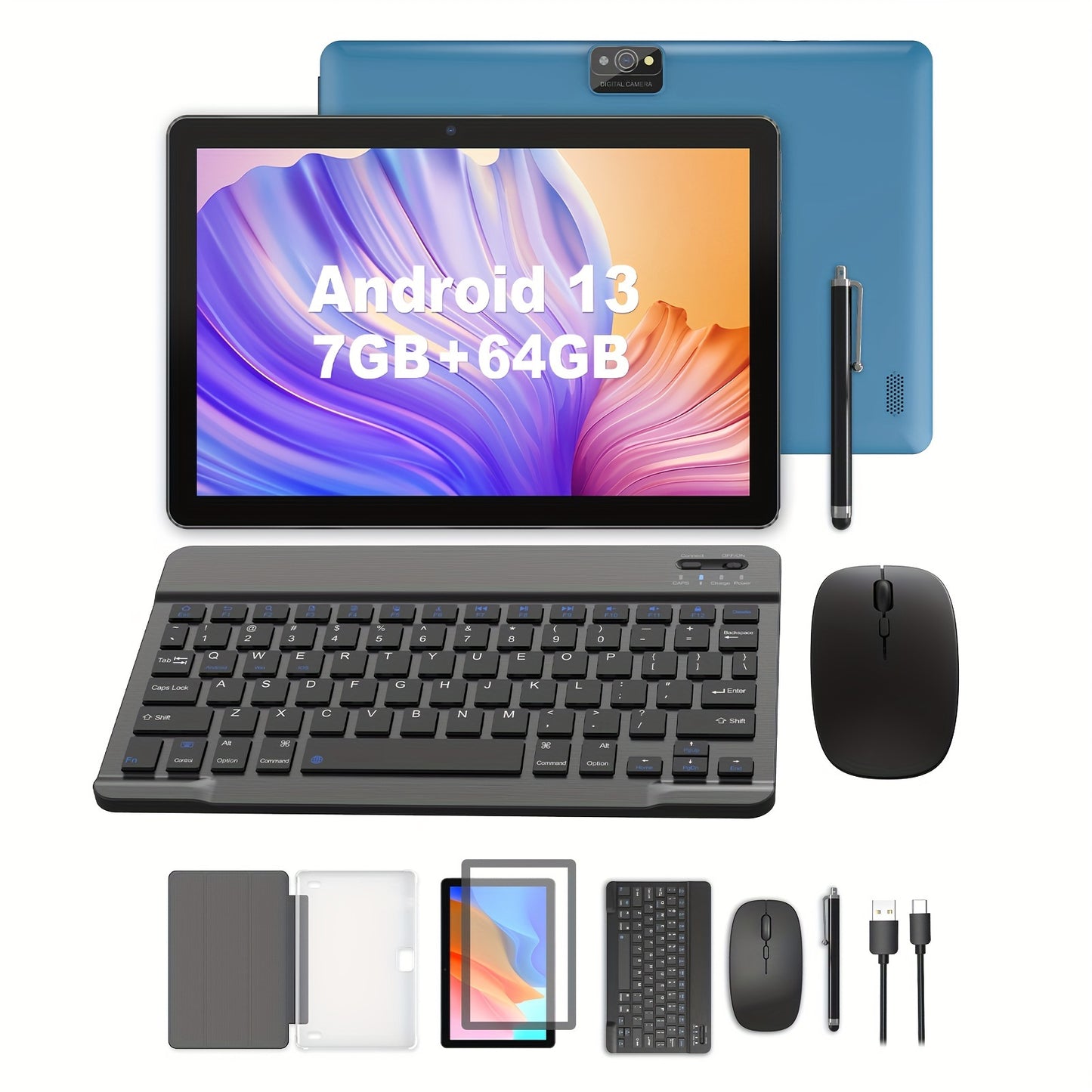 Tablet de 10 polegadas Android 13 com teclado, mouse e capa - 7 GB para RAM, 64 GB de armazenamento, Wi-Fi de banda dupla 5G