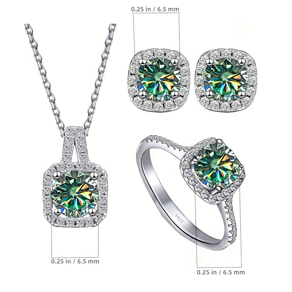 Conjunto de joias Moissanite Brincos Colar Plus Anel Cada incrustado 1ct Moissanite 925