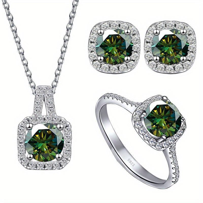 Conjunto de joias Moissanite Brincos Colar Plus Anel Cada incrustado 1ct Moissanite 925